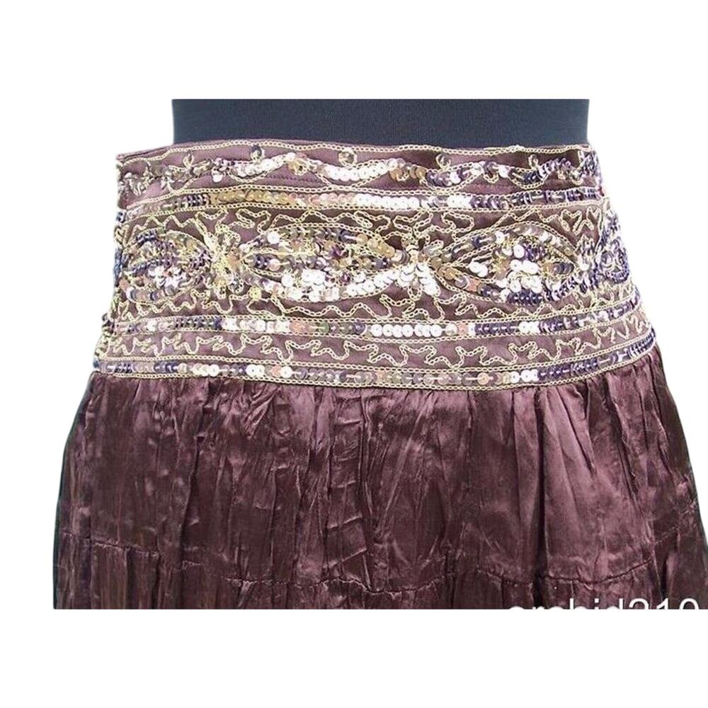 Cache Brown Silk like Boho Hand Sewn Sequins Crinkle Lined Skirt New NWT $138 - Picture 3 of 9